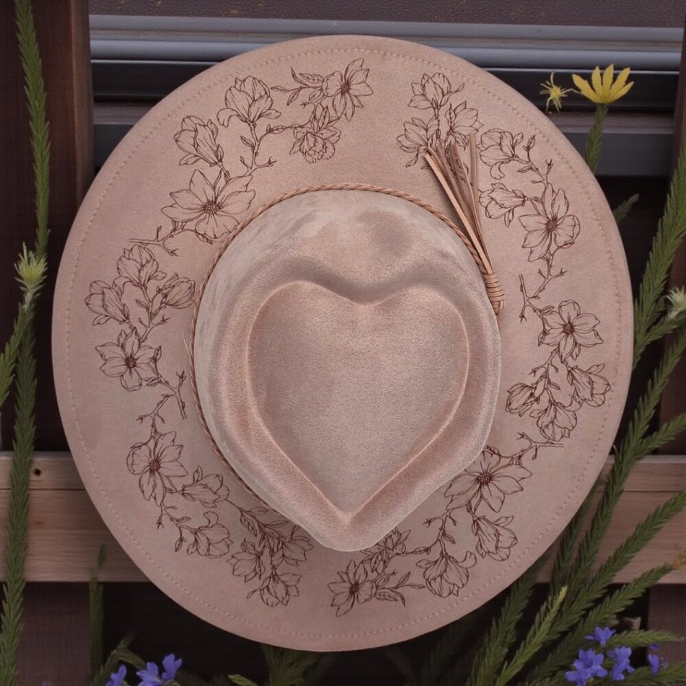 Vegan Suede Wide Brim Hat with Laser Engraved Magnolia Flowers